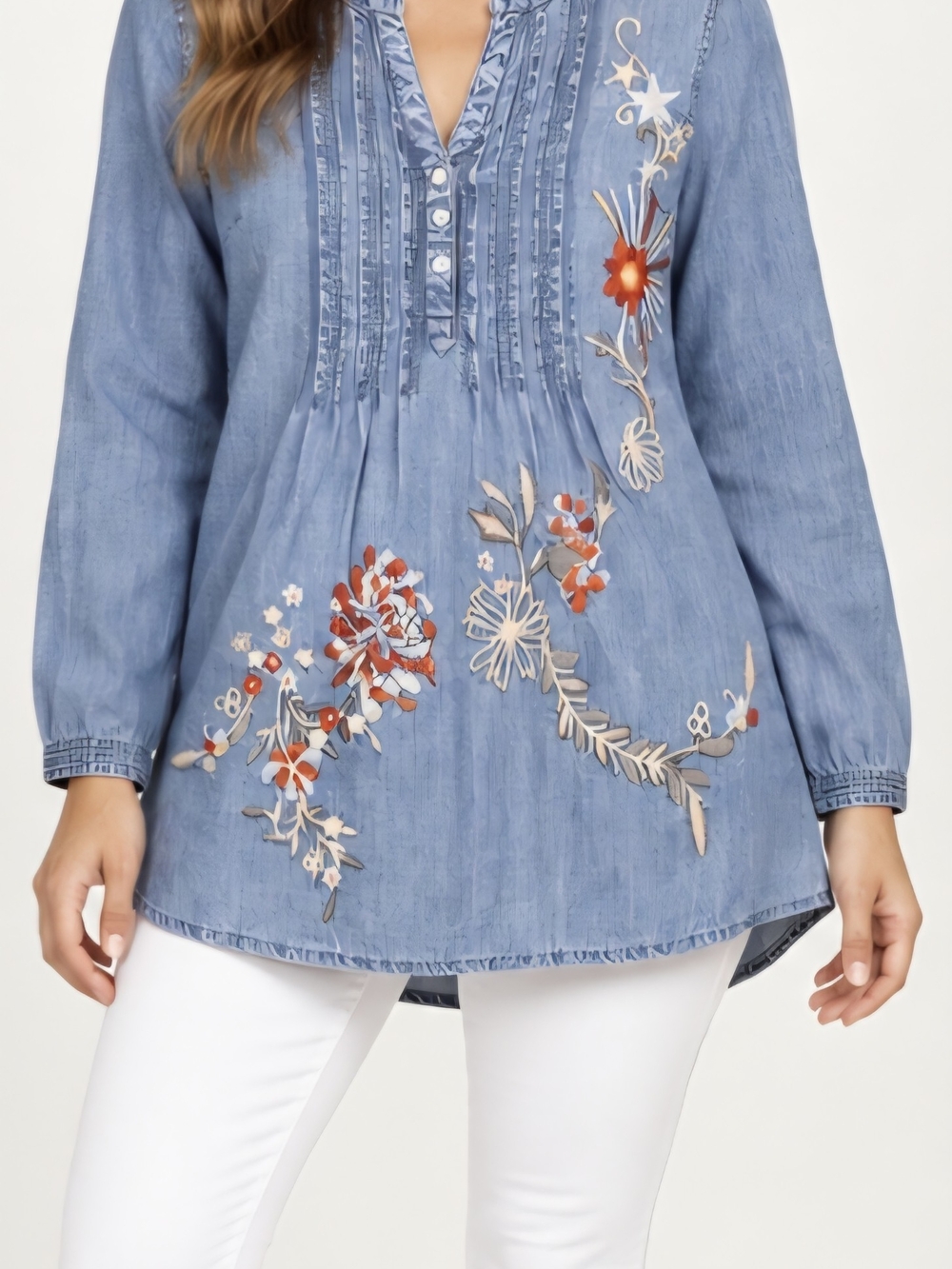 Soft Surroundings Blue Chambray Embroidered Floral Boho Tunic Blouse